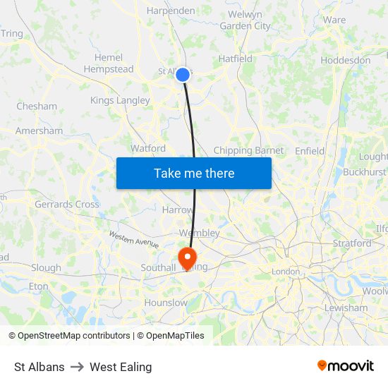 St Albans to West Ealing map