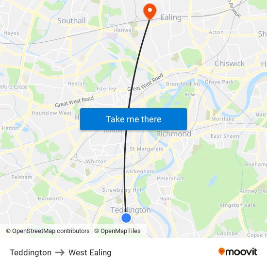 Teddington to West Ealing map