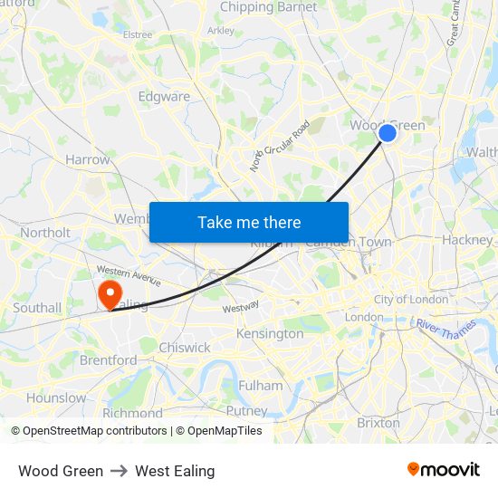 Wood Green to West Ealing map