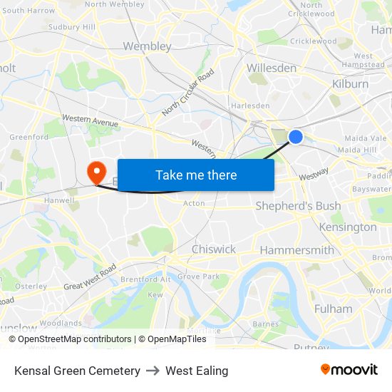 Kensal Green Cemetery to West Ealing map