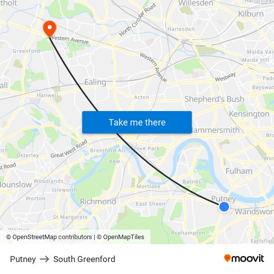 Putney to South Greenford map