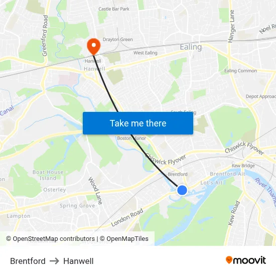 Brentford to Hanwell map