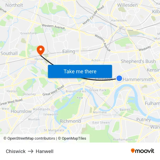Chiswick to Hanwell map