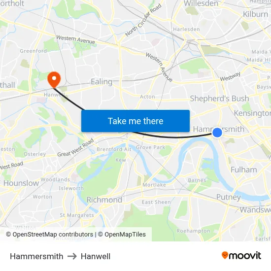 Hammersmith to Hanwell map
