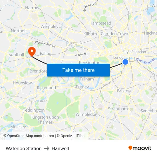 Waterloo Station to Hanwell map