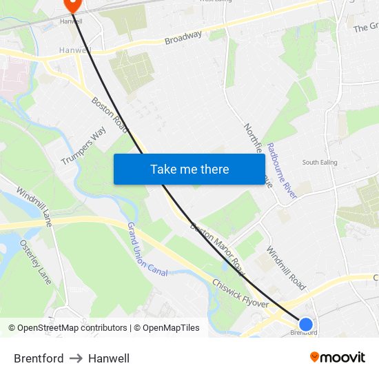 Brentford to Hanwell map