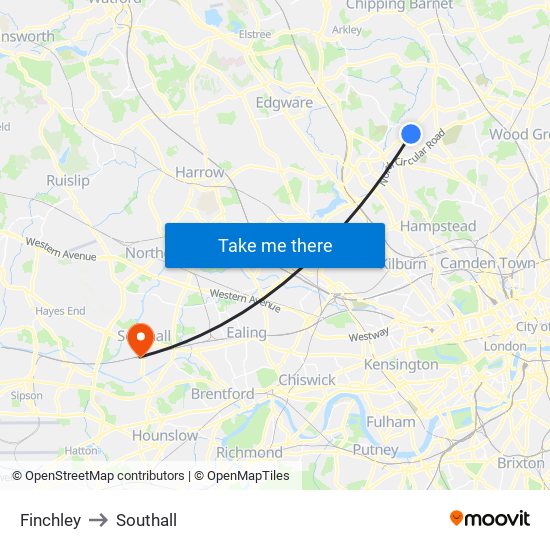 Finchley to Southall map