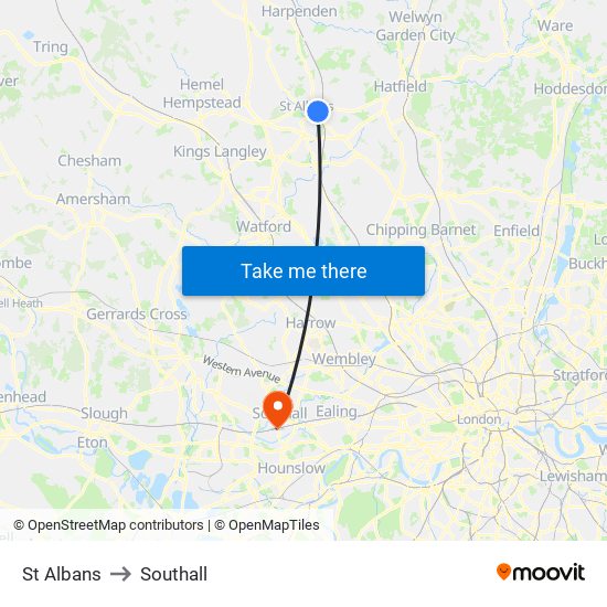 St Albans to Southall map