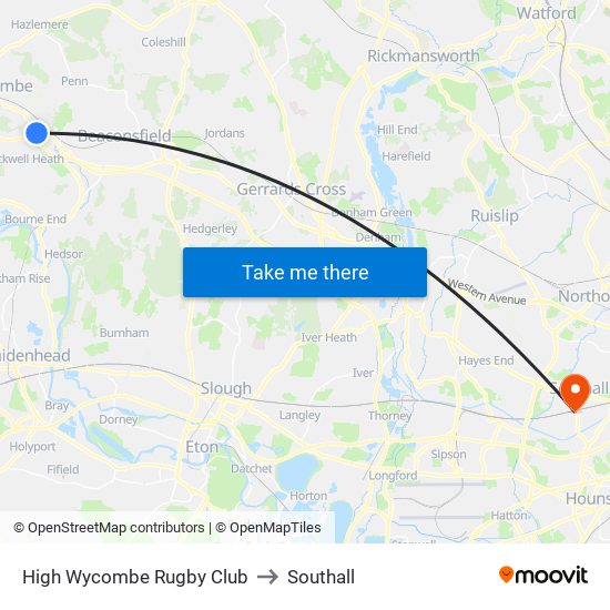 High Wycombe Rugby Club to Southall map