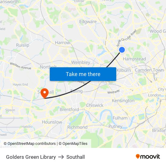 Golders Green Library to Southall map
