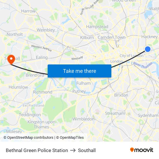 Bethnal Green Police Station to Southall map