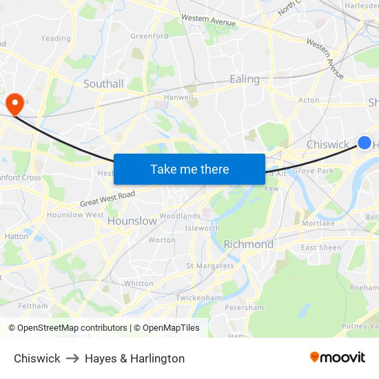 Chiswick to Hayes & Harlington map