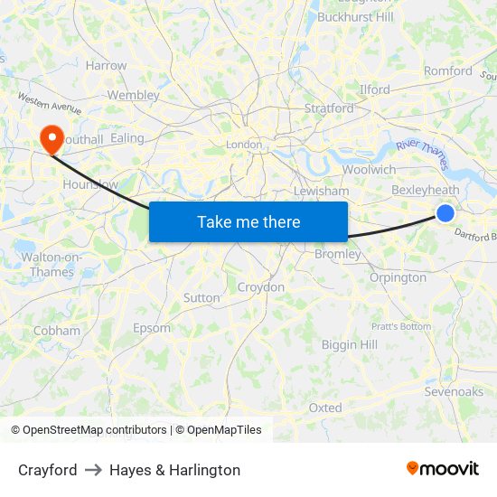 Crayford to Hayes & Harlington map