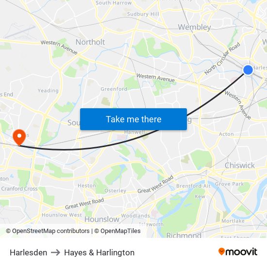 Harlesden to Hayes & Harlington map