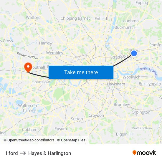 Ilford to Hayes & Harlington map