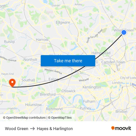 Wood Green to Hayes & Harlington map