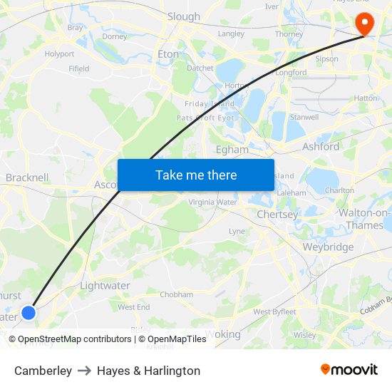Camberley to Hayes & Harlington map