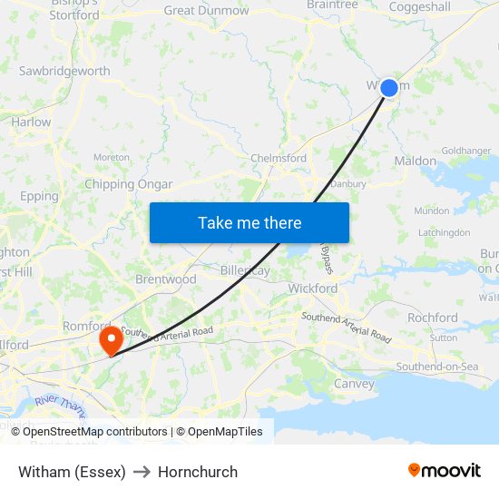 Witham (Essex) to Hornchurch map