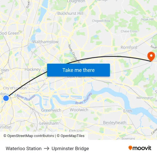 Waterloo Station to Upminster Bridge map