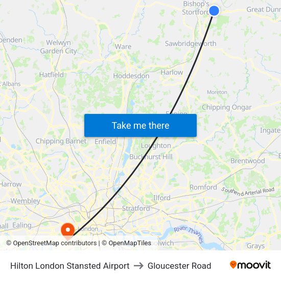 Hilton London Stansted Airport to Gloucester Road map