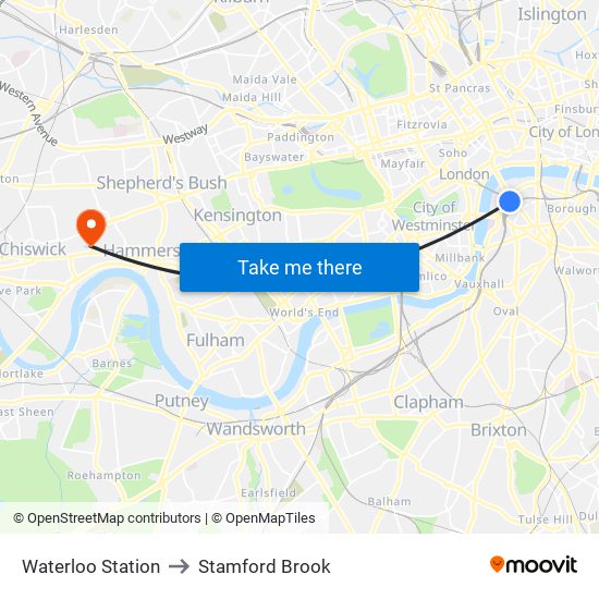 Waterloo Station to Stamford Brook map