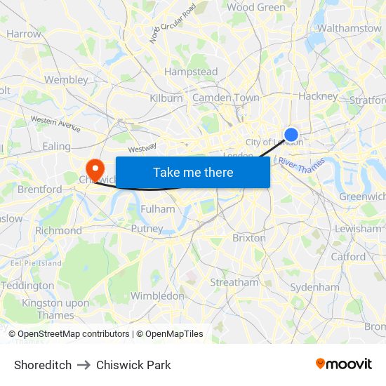Shoreditch to Chiswick Park map