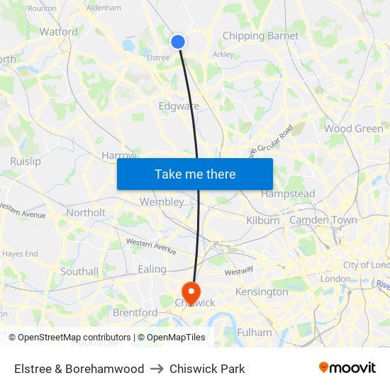Elstree & Borehamwood to Chiswick Park map