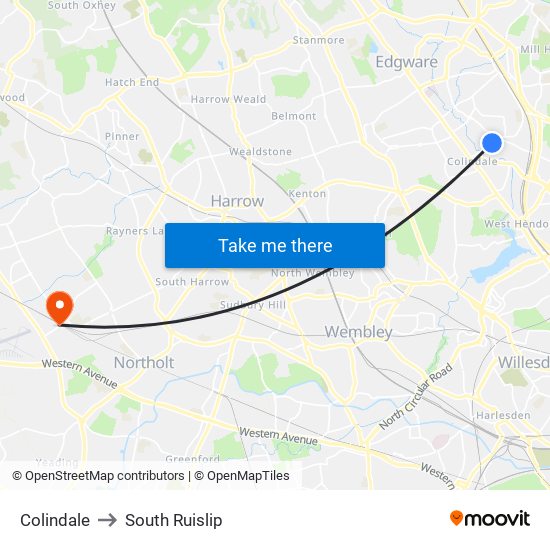 Colindale to South Ruislip map