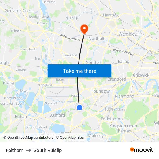 Feltham to South Ruislip map