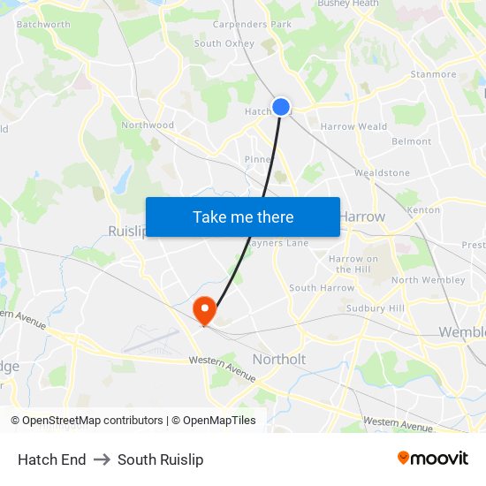 Hatch End to South Ruislip map