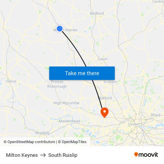Milton Keynes to South Ruislip map