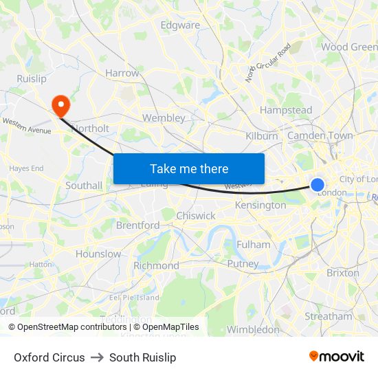 Oxford Circus to South Ruislip map