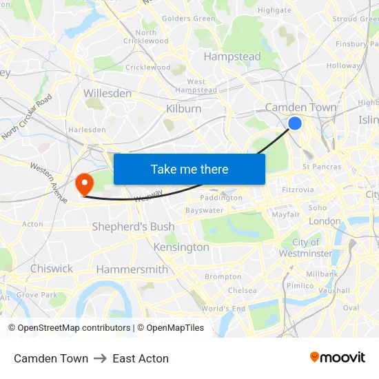 Camden Town to East Acton map