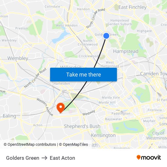 Golders Green to East Acton map