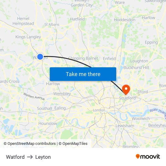 Watford to Leyton map