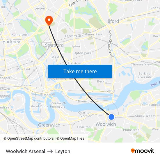 Woolwich Arsenal to Leyton map