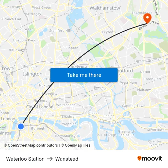Waterloo Station to Wanstead map