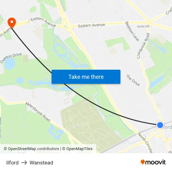 Ilford to Wanstead map