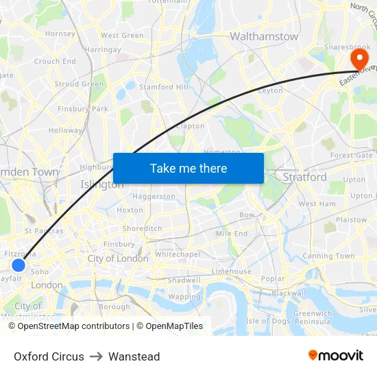 Oxford Circus to Wanstead map
