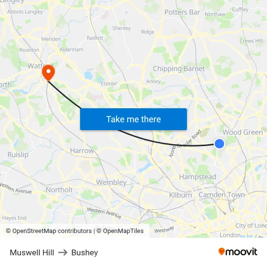 Muswell Hill to Bushey map