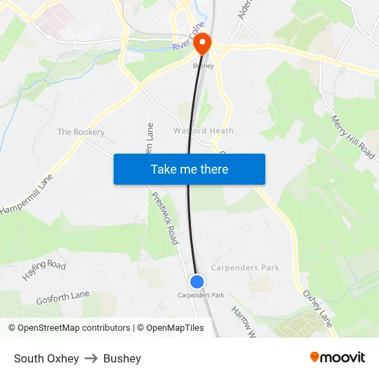 South Oxhey to Bushey map