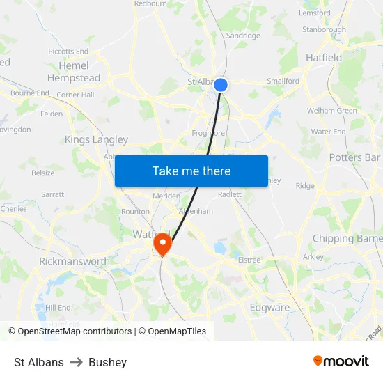 St Albans to Bushey map