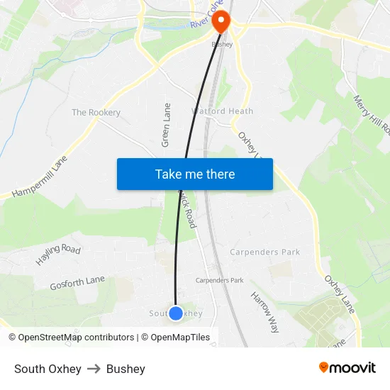 South Oxhey to Bushey map