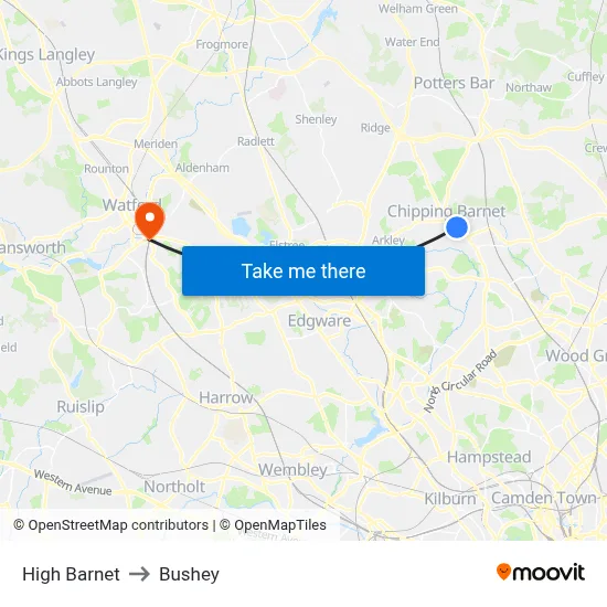 High Barnet to Bushey map