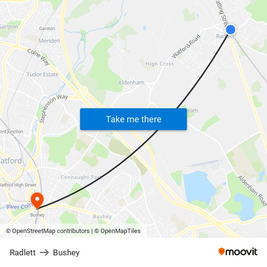 Radlett to Bushey map