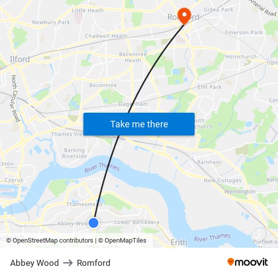 Abbey Wood to Romford map