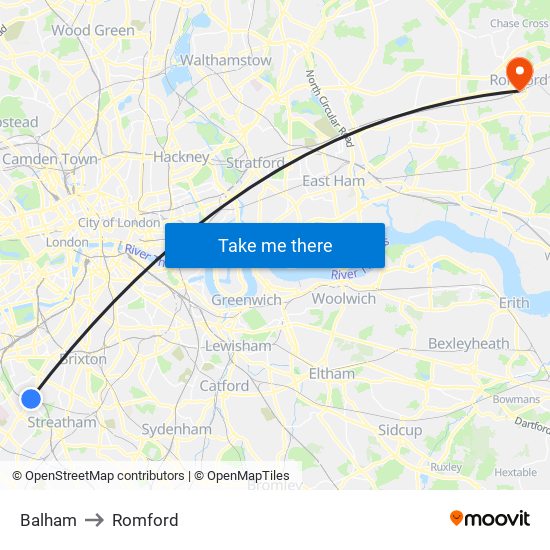 Balham to Romford map