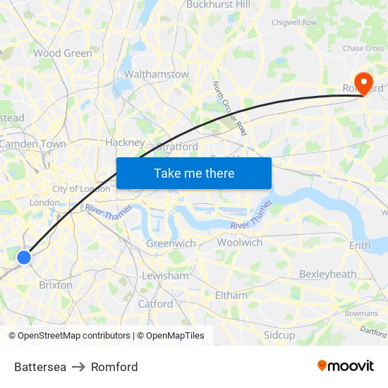 Battersea to Romford map