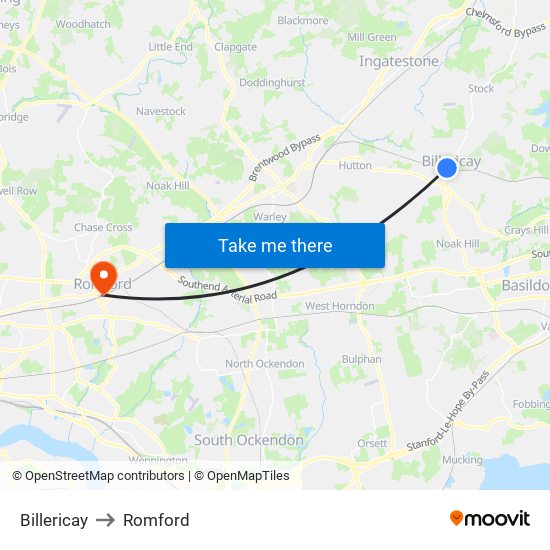 Billericay to Romford map