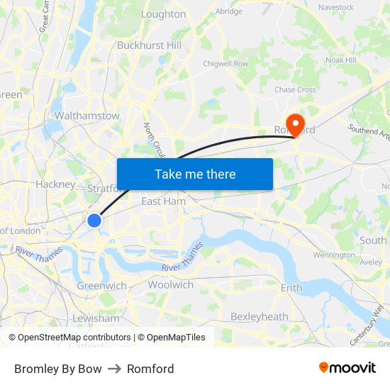 Bromley By Bow to Romford map